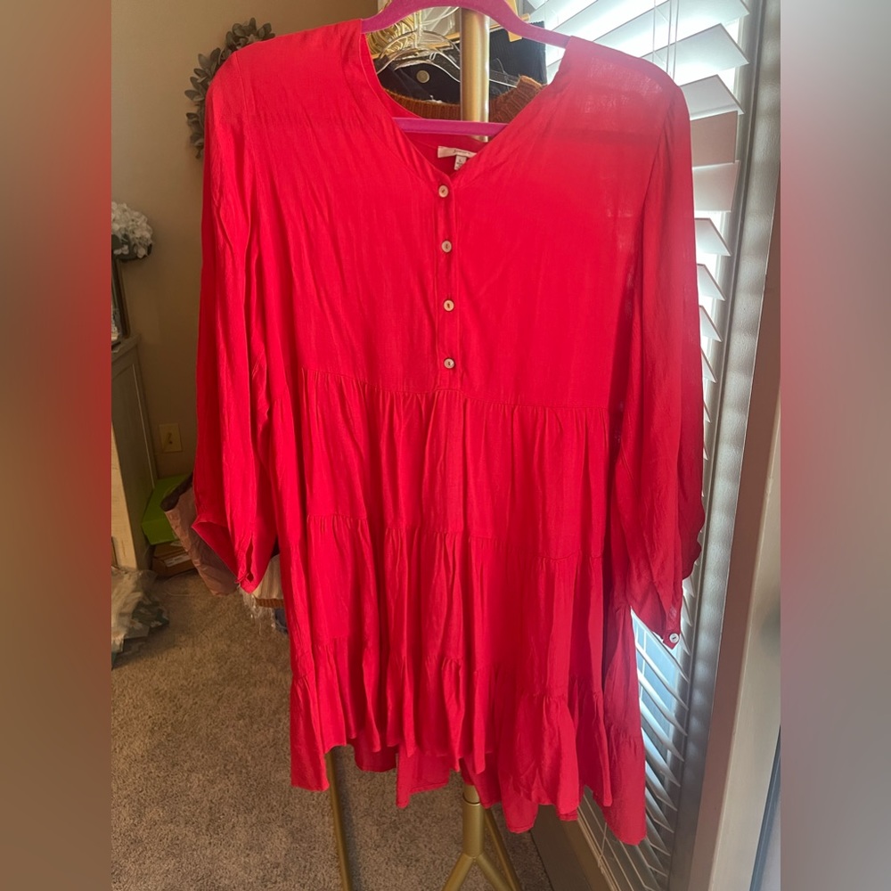 Red button up swing dress